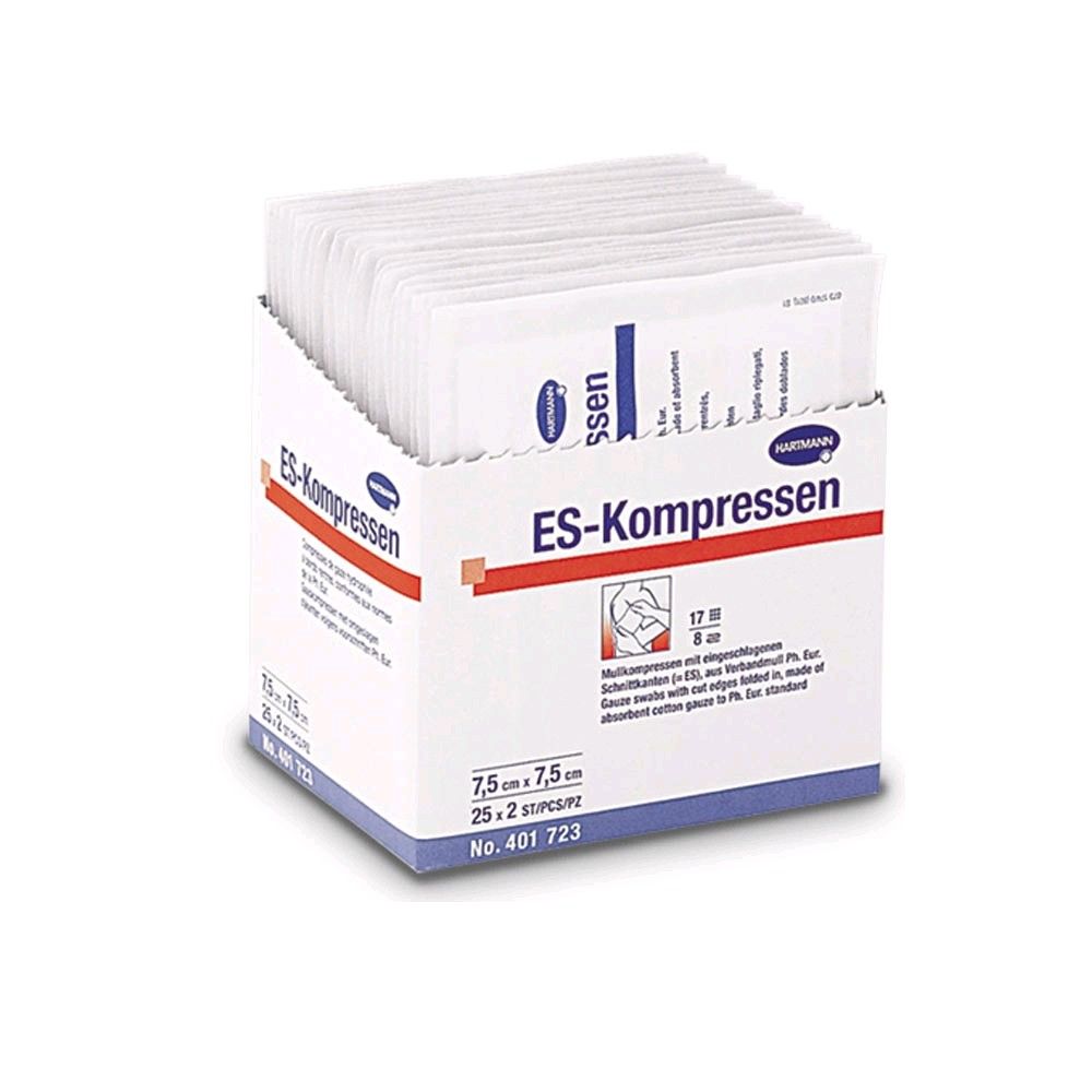 Sterile Mullkompressen im Stapel, ES-Kompressen Pack Hartmann von der Seite