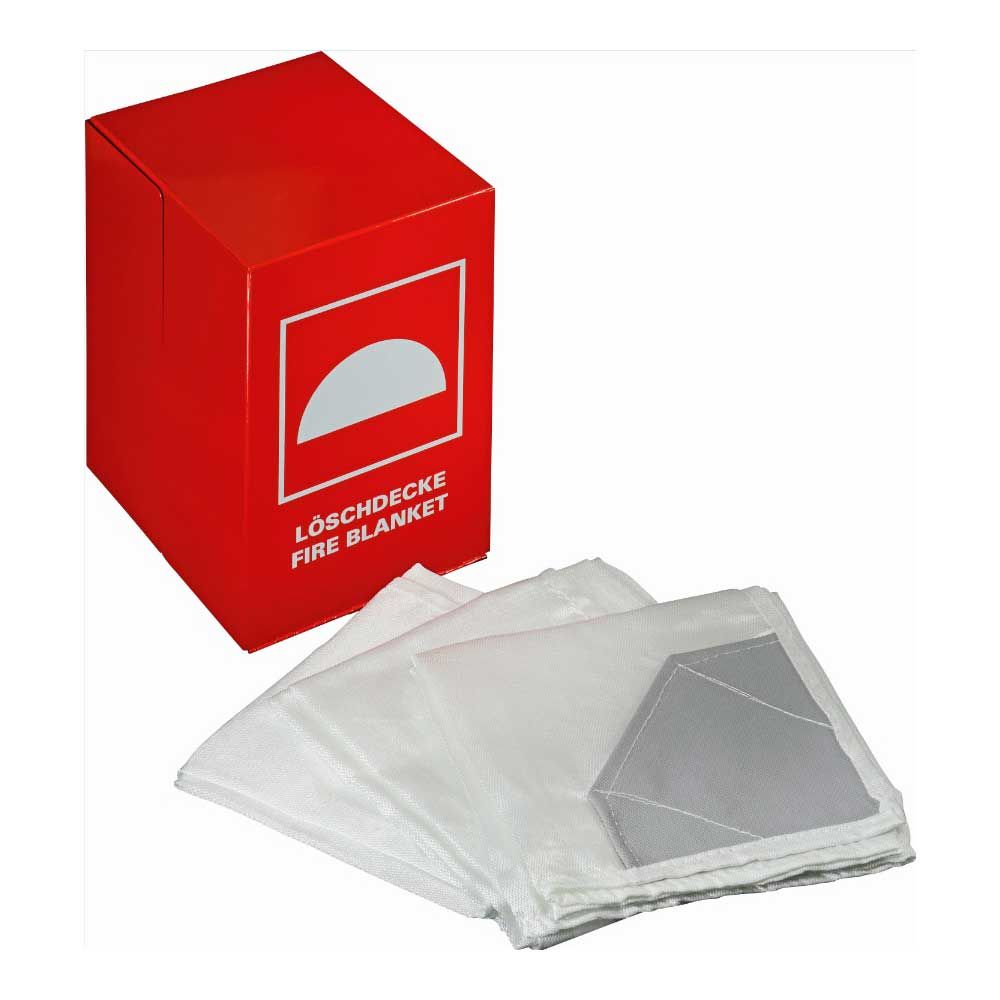 Feuerlöschdecke mit roter Verpackung und gefalteter weißer Decke