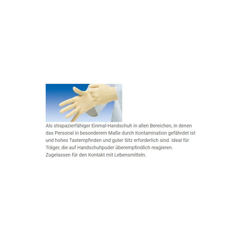 Latex-Einmalhandschuhe an einer Hand, beige, glatt