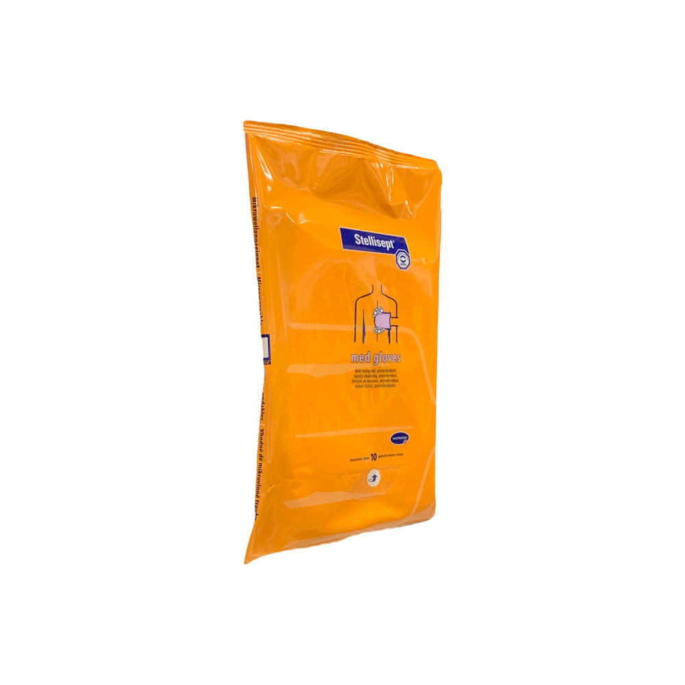 Desinfizierende Waschhandschuhe, orange Beutel mit Stellisept-Logo und Motivdruck (10 St.)