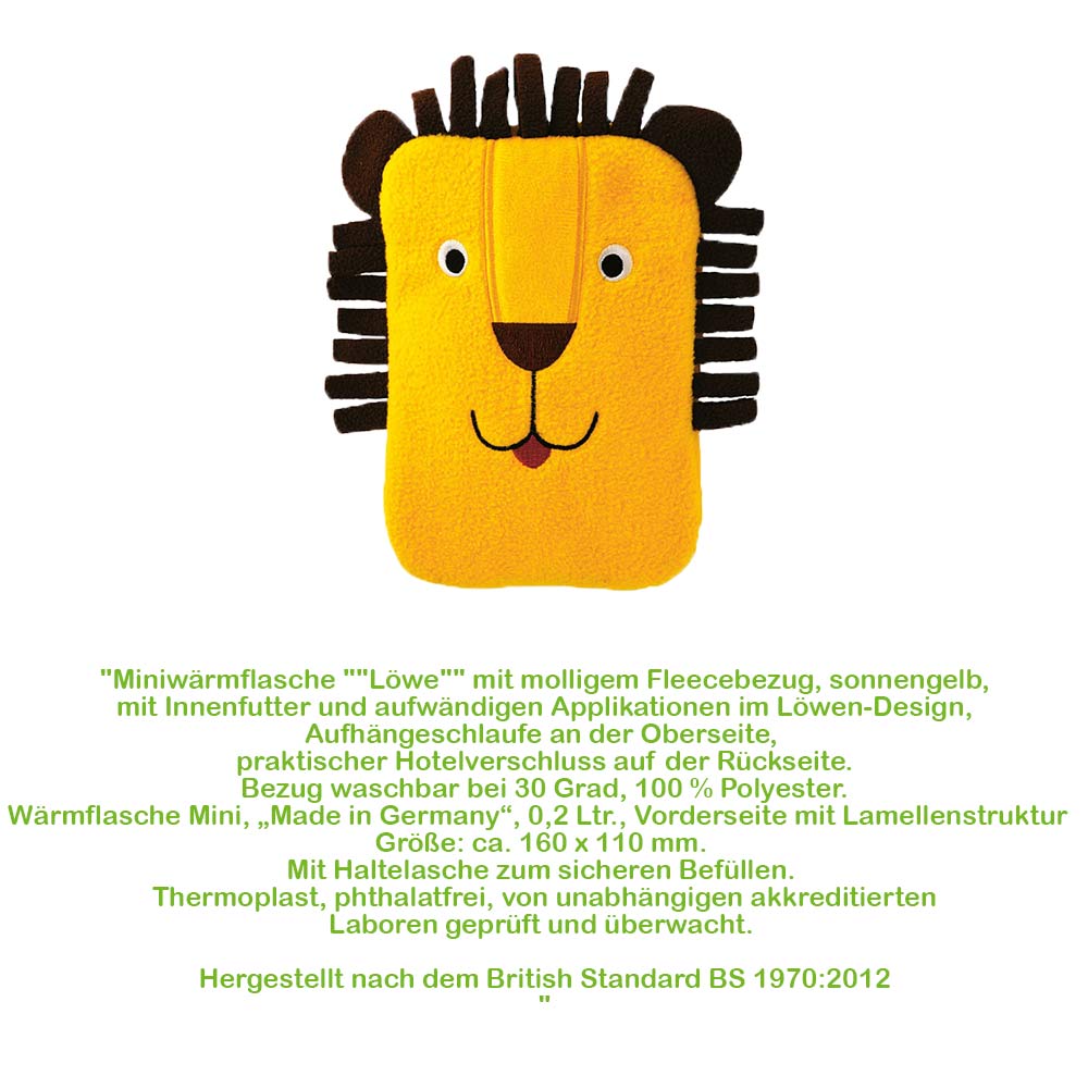 Mini-Wärmflasche mit Löwen-Fleecebezug und Gesichtsmotiv, gelb, braune Mähne