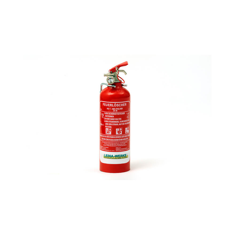 Roter Feuerlöscher mit Hebel und Schlauchdüse, Aufdruck Leina-Werke