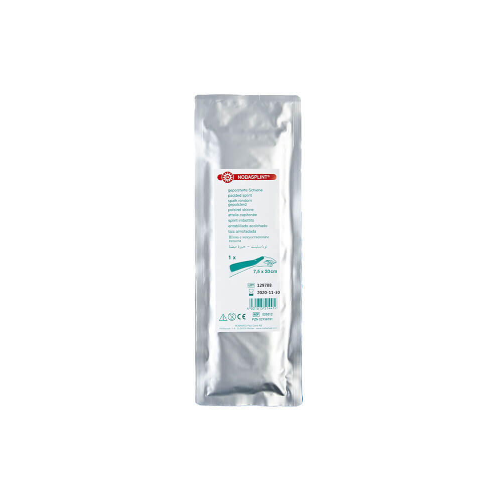 Gepolstertes Schienenmaterial Nobasplint in silberner Folienverpackung mit Etikett