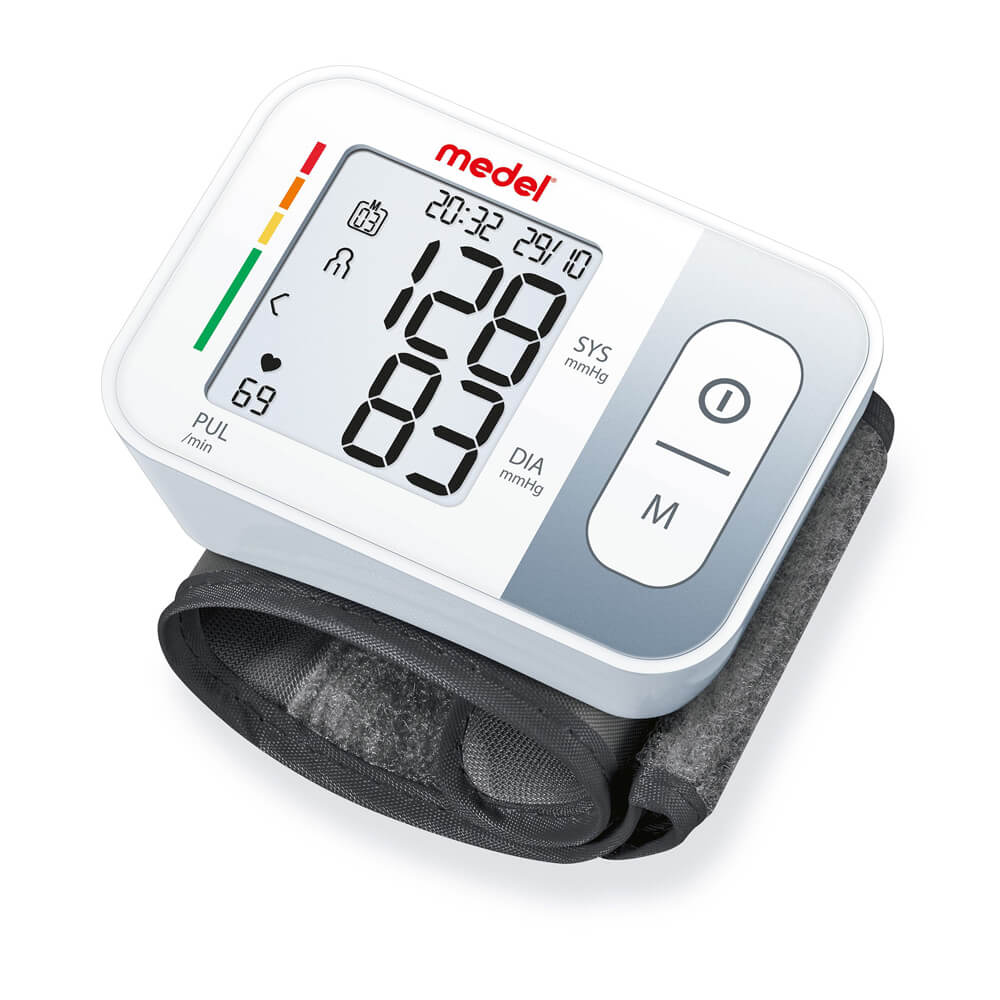 Handgelenk-Blutdruckmessgerät medel mit großem Display und dunklem Textilarmband