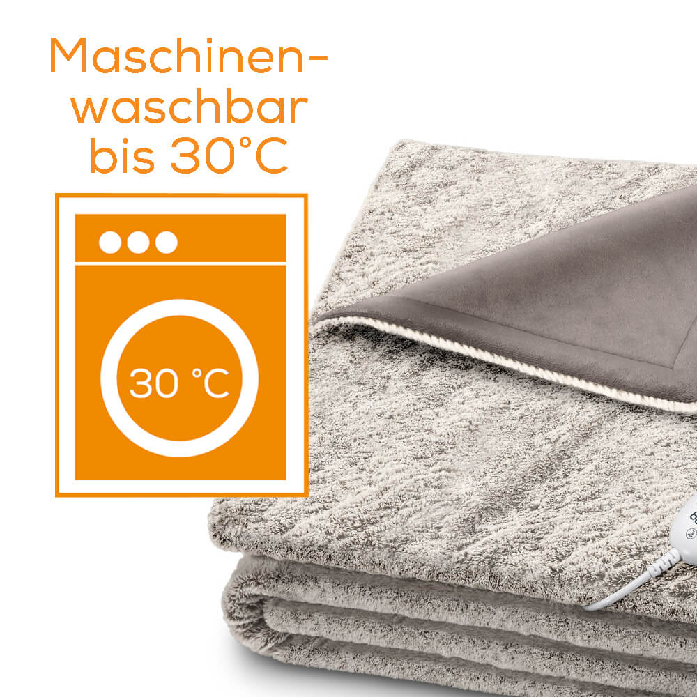 Graue Heizdecke mit Anschlusskabel am Rand, dichtes Kuschelfleece