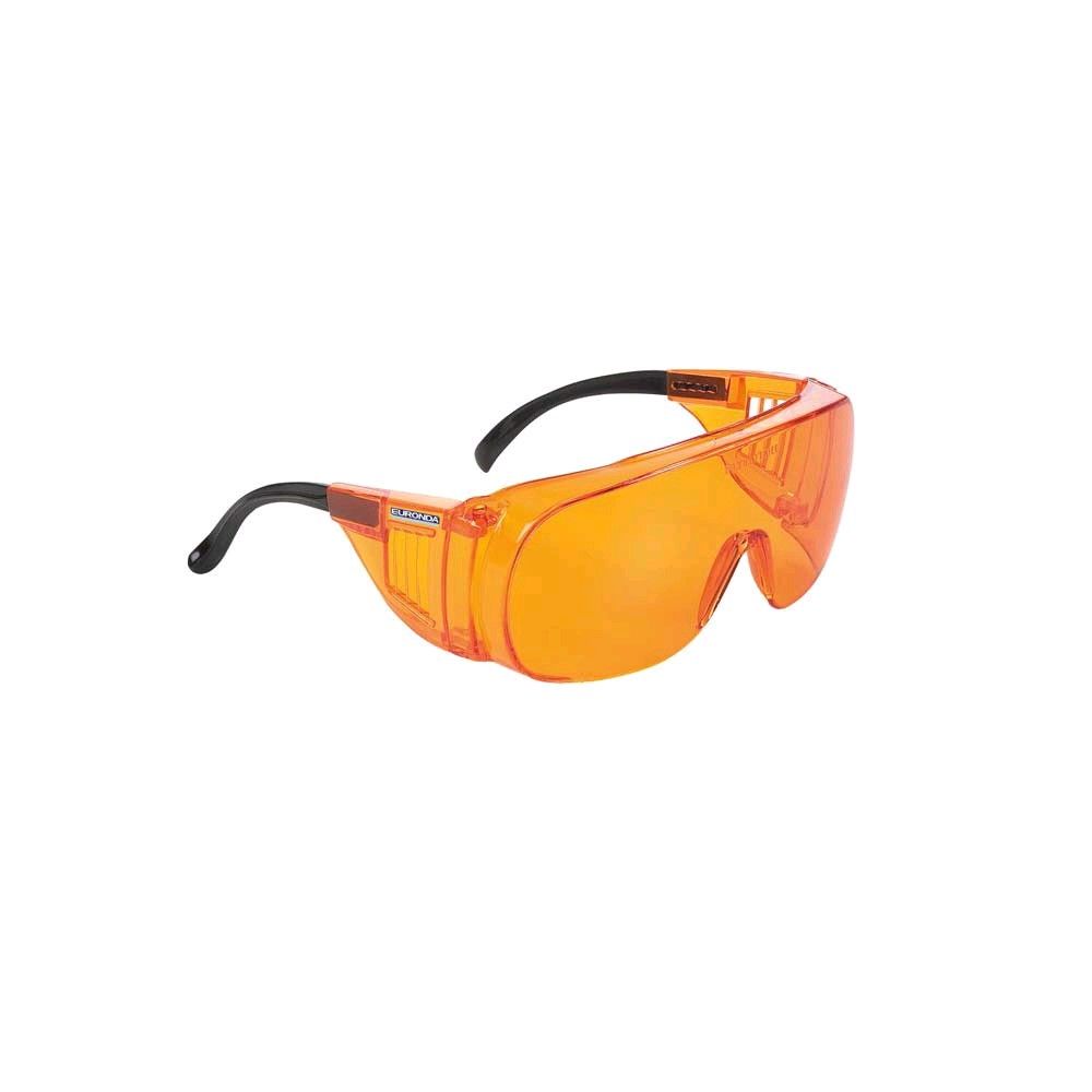 Leichte Schutzbrille mit orangefarbenem Sichtschutz und schwarzen Bügeln