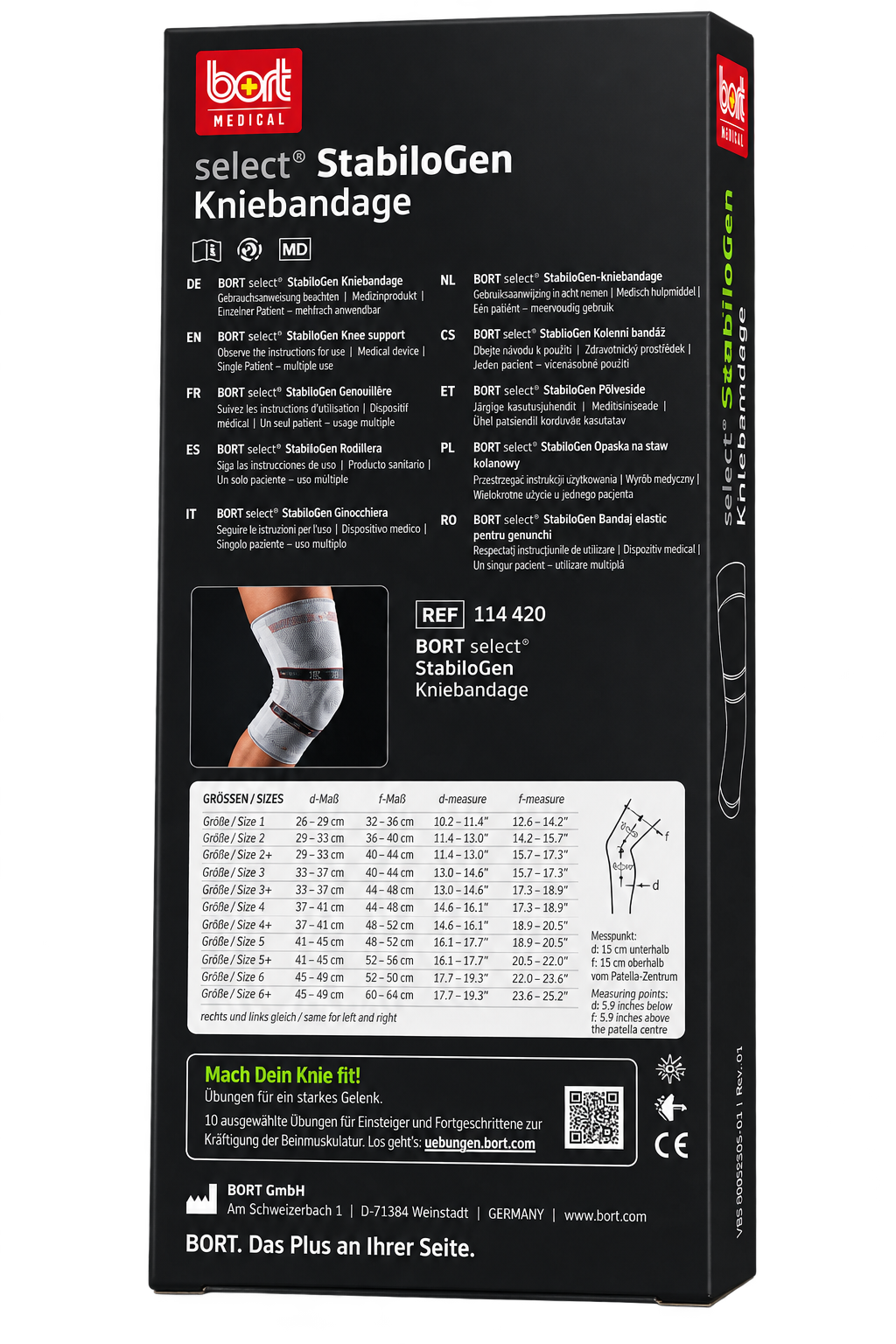 Kniebandage-Verpackung Rückseite mit Größen- und Anwendungshinweisen