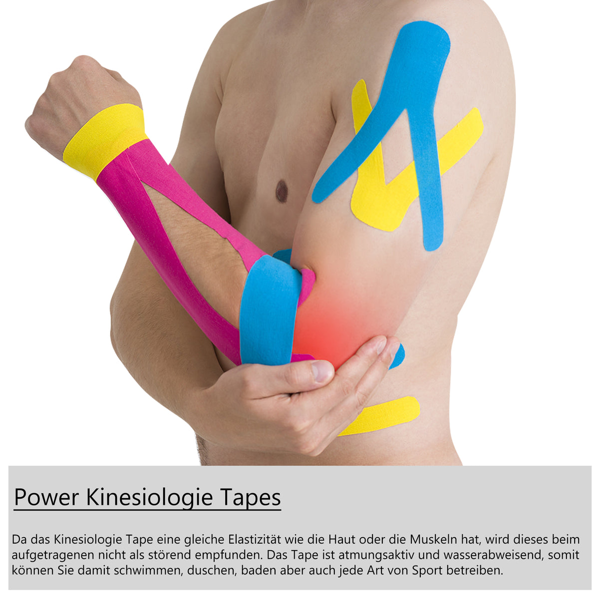 Kinesiologie-Tape mehrfarbig auf dem Arm: blau, gelb, pink