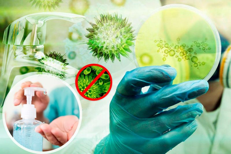 Ein Mann desinfiziert seine Hände in der Erkältungszeit. Ein Grippevirus wird mit Hygienemaßnahmen bekämpft.
