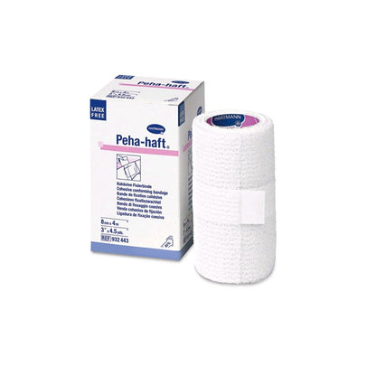 Elastische Fixierbinde, latexfrei: weiße Fixierbinde-Rolle mit Hartmann-Verpackung
