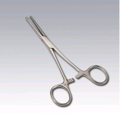 Kocherklemme gerade, 14 cm, Edelstahl, zwei Fingerösen, fein gezahnte Enden