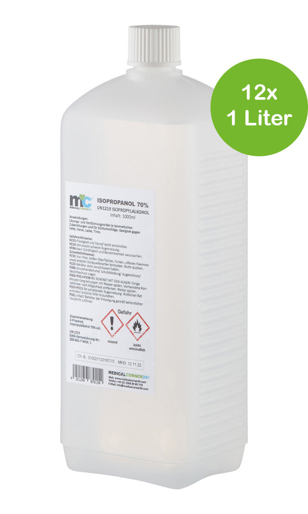 Isopropanol-70%-Flasche, 1 Liter, mit weißem Schraubdeckel und Etikett