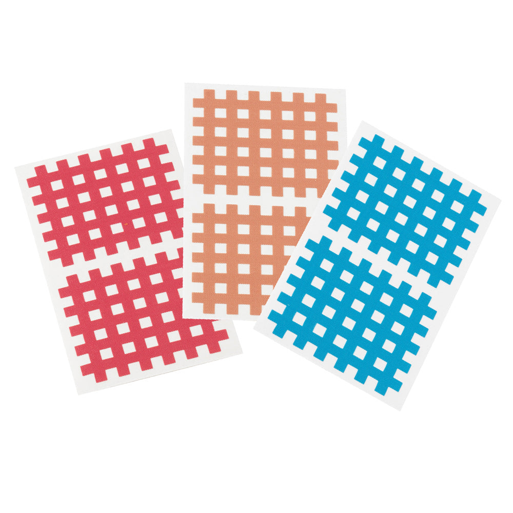 Gittertape‑Pflaster mit Kreuz-Muster, 3 Farben (rot, beige, blau) auf Trägerfolie