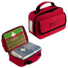 Rote befüllte Verbandtasche Office plus mit Tragegriff und schwarzem Frontfach