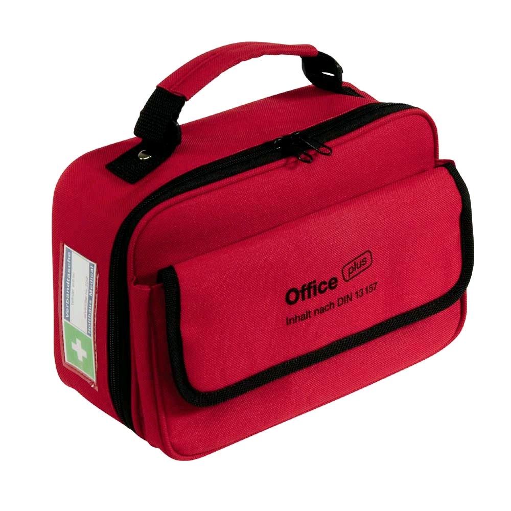 Rote befüllte Verbandtasche Office plus mit schwarzem Einsteckfach und Tragegriff