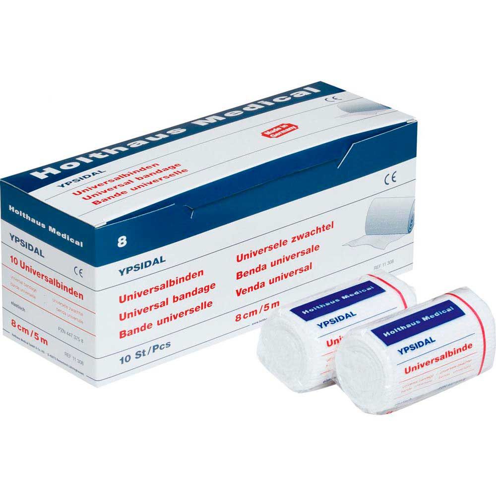 Holthaus Medical YPSIDAL Universalbinde: weiße Bindenrollen in Verpackung neben Schachtel
