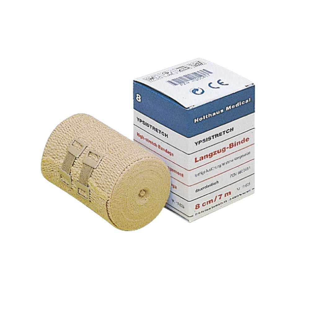 YPSISTRETCH Langzugbinde-Rolle aus beigem Material mit sichtbaren Fixierlaschen