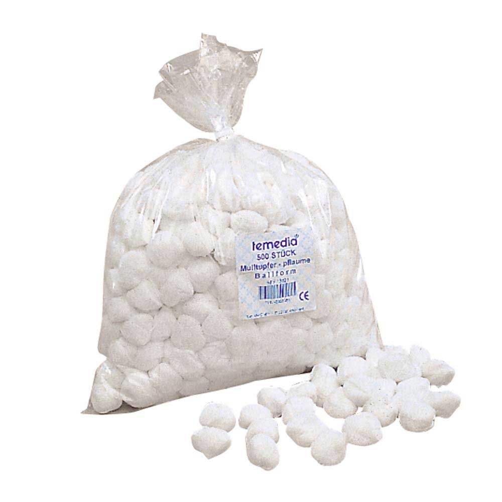 Sterile Gazebällchen in Ballform, weiß, als Packung mit herausliegenden Tupfern.