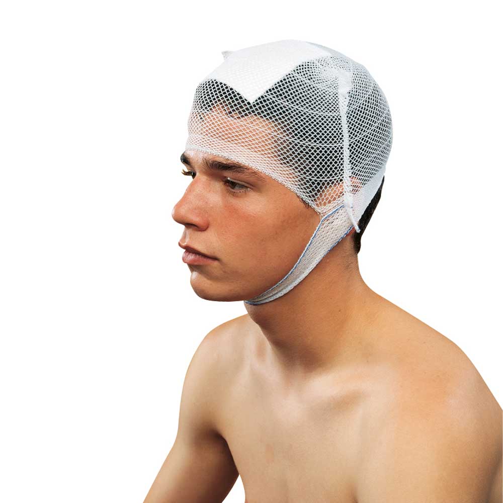 Kopfbandage aus weißem Netzgewebe, seitlich über Kopf, mit Ausschnitt unter dem Kinn