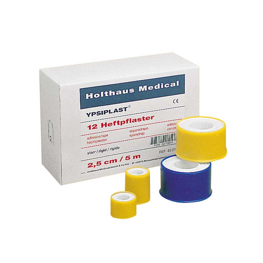 Heftpflaster YPSIPLAST®: Karton mit gelber und blauer Pflasterrolle