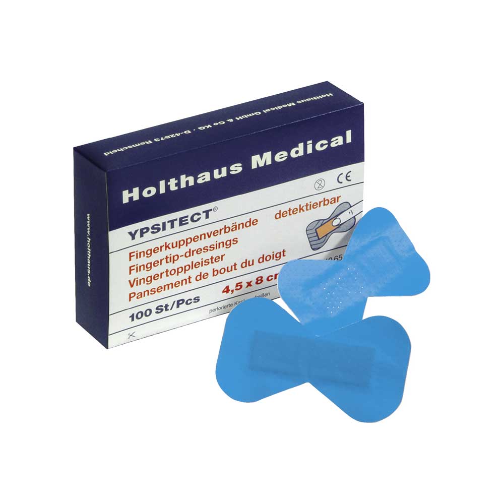 Holthaus Medical YPSITECT Fingerkuppenpflaster, Verpackung und blaues Pflaster