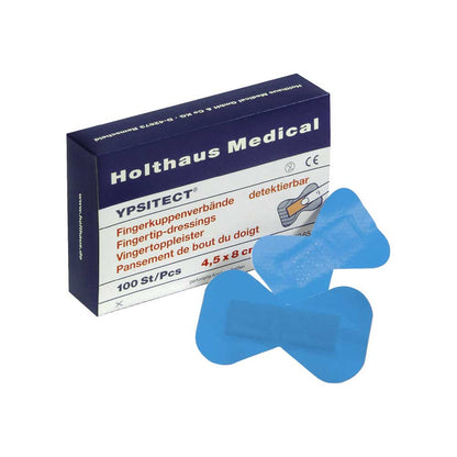 Holthaus Medical YPSITECT Fingerkuppenpflaster, Verpackung und blaues Pflaster