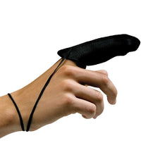 Schwarzer Fingerling aus Leder, bedeckt die Fingerspitze, mit Riemchen