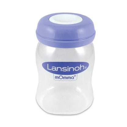 Muttermilchflasche mit Weithals, transparente Flasche, lila Deckel, Lansinoh mOmma