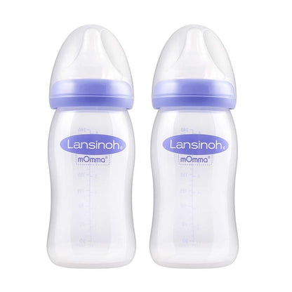 Lansinoh mOmma Weithalsflaschen (2er-Set) mit blauem NaturalWave™ Sauger