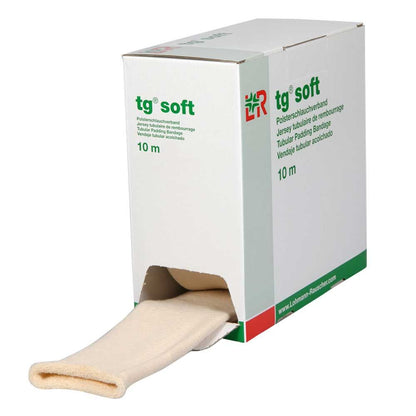 Polsterschlauchverband tg® soft S-L als 10-m-Rolle, beiger Schlauchverband ausgerollt