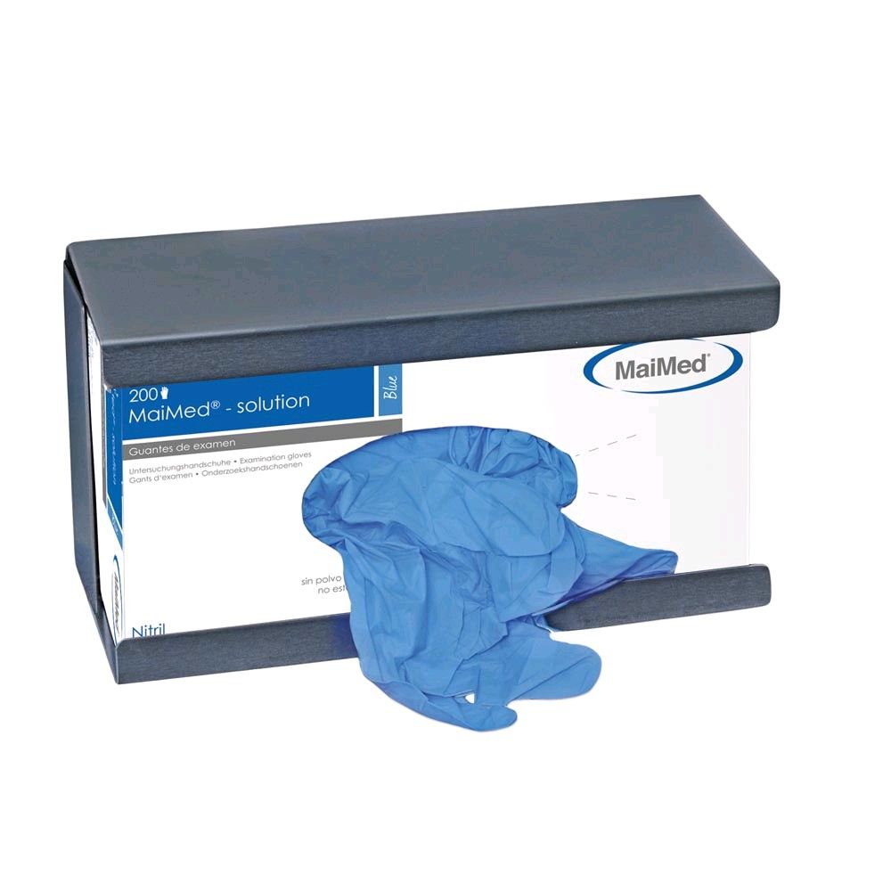 Edelstahl-Wandhalter mit Handschuhbox und angezogenen blauen Nitrilhandschuhen