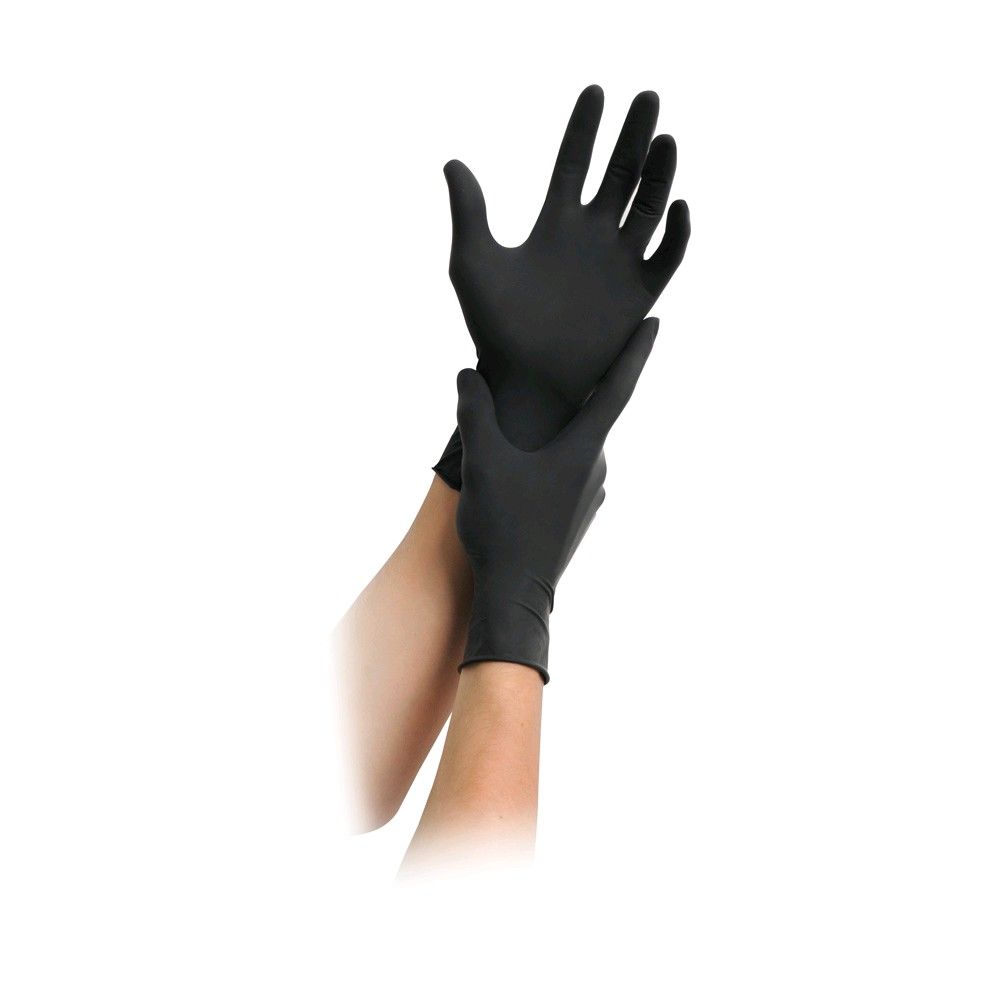 Schwarze Nitrilhandschuhe am Handmodell, Einmalhandschuhe, glatt