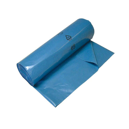 Blaue Müllbeutel aus Hochdruck-PE, aufgerollte Rolle mit ausgelegtem Beutel