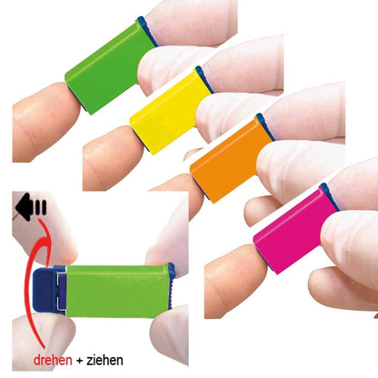 Sicherheitslanzetten in mehreren Farben: gelb, grün, orange, pink mit blauem Clip