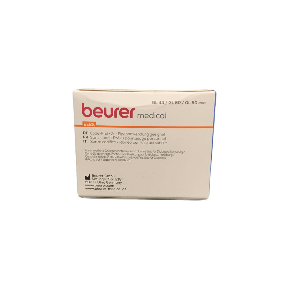 Blutzuckerteststreifen-Box Beurer medical Rückseite mit Herstellerangaben für GL 44/GL 50