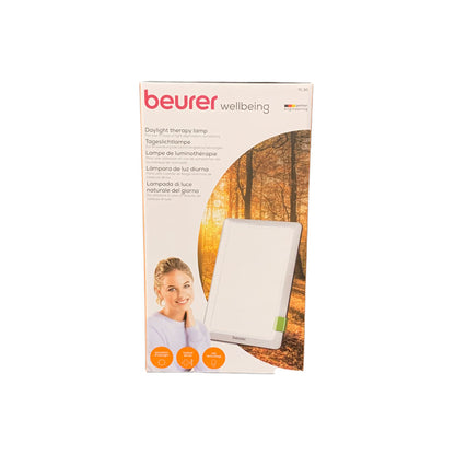 Verpackung der Beurer Daylight-Tageslichtlampe mit Leuchtenmotiv