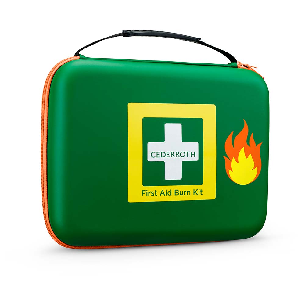 Cederroth Verbrennungskoffer grün mit Tragegriff, orangeem Rand und Flammen-Emblem