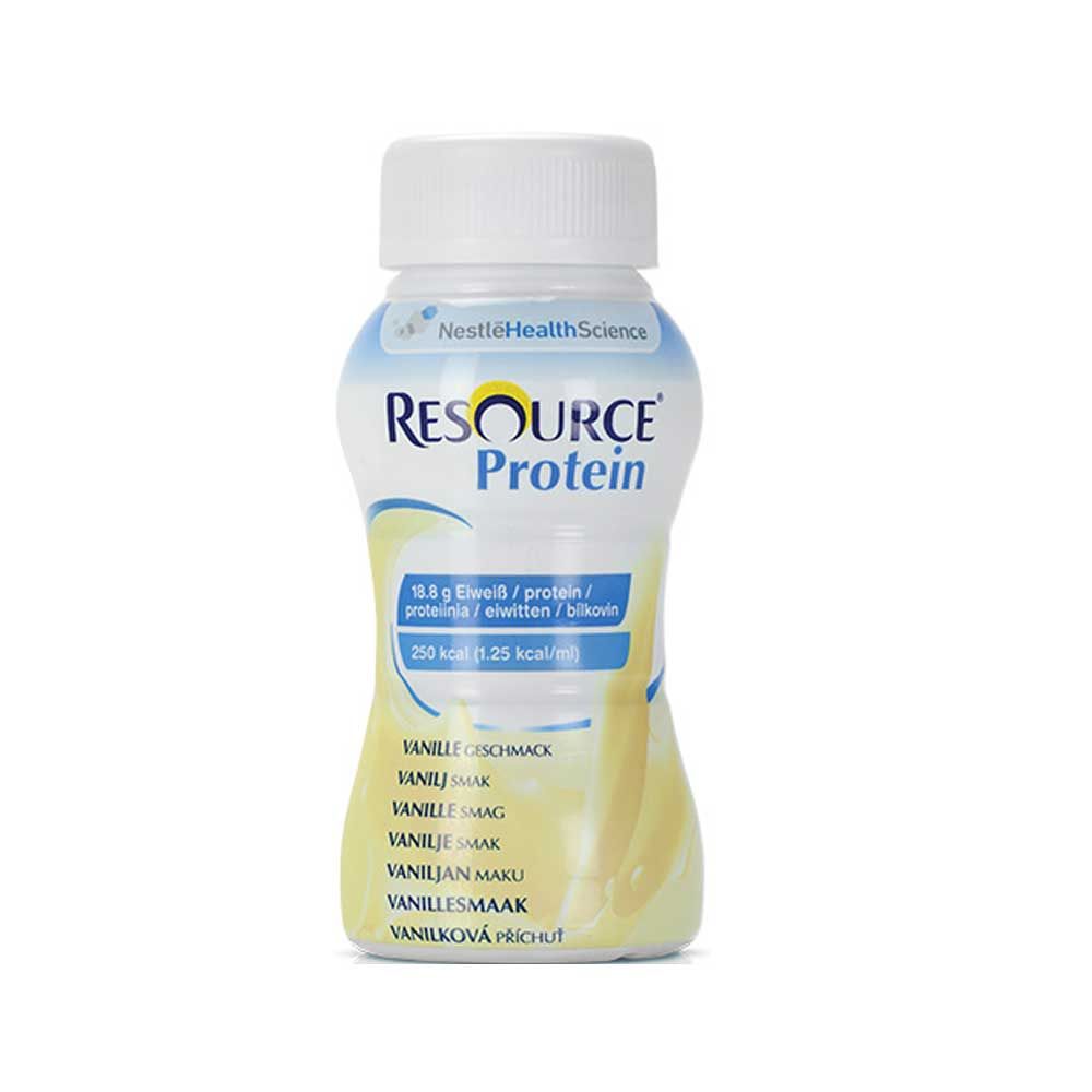 Proteindrink-Flasche, hellgelb mit Vanille-Label und blauer Hinweisfläche