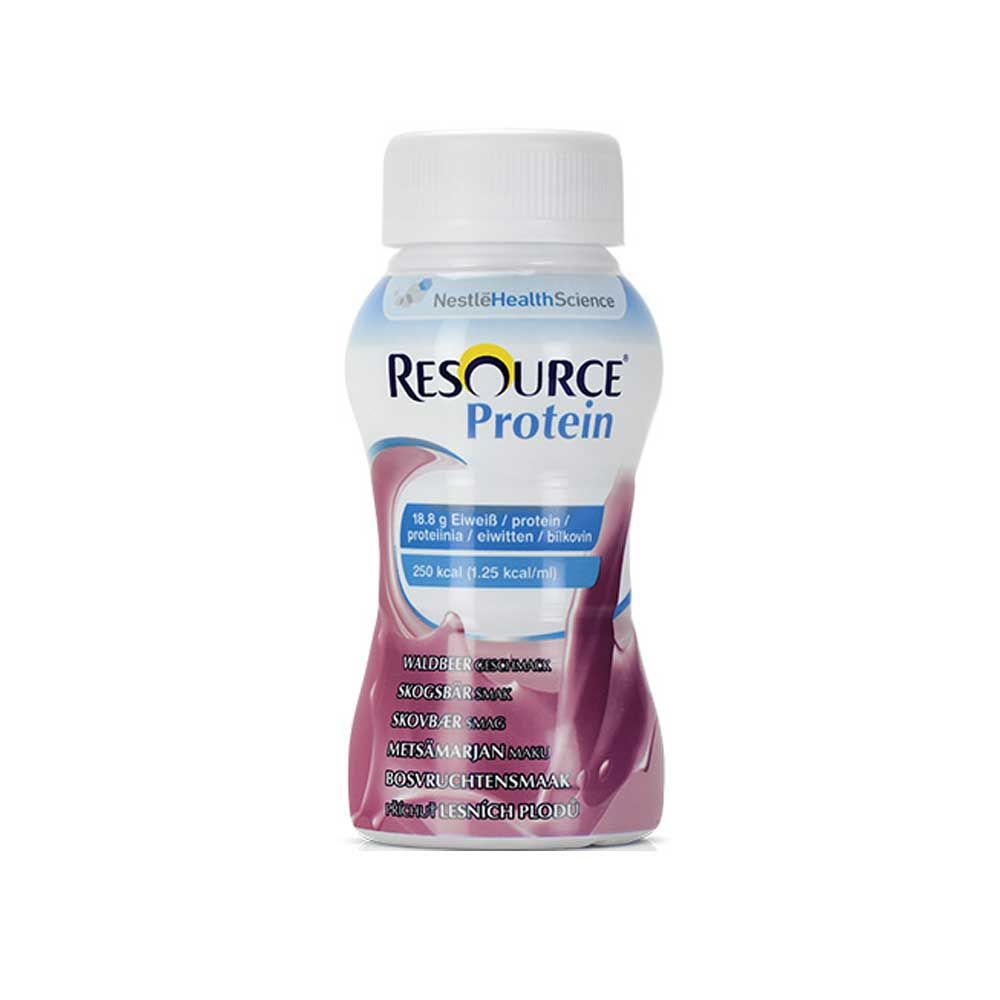 Proteindrink-Flasche, violett mit Waldbeeren-Label und blauer Hinweisfläche