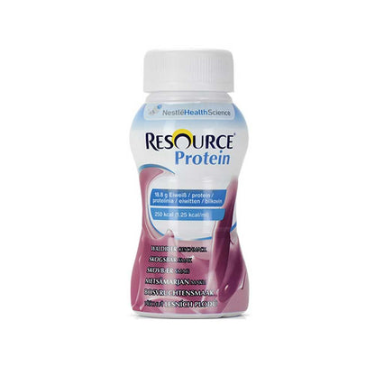 Proteindrink-Flasche, violett mit Waldbeeren-Label und blauer Hinweisfläche