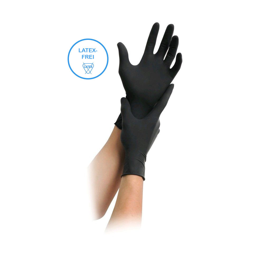 Schwarze Nitrilhandschuhe, puderfrei, am Handmodell getragen, latexfrei