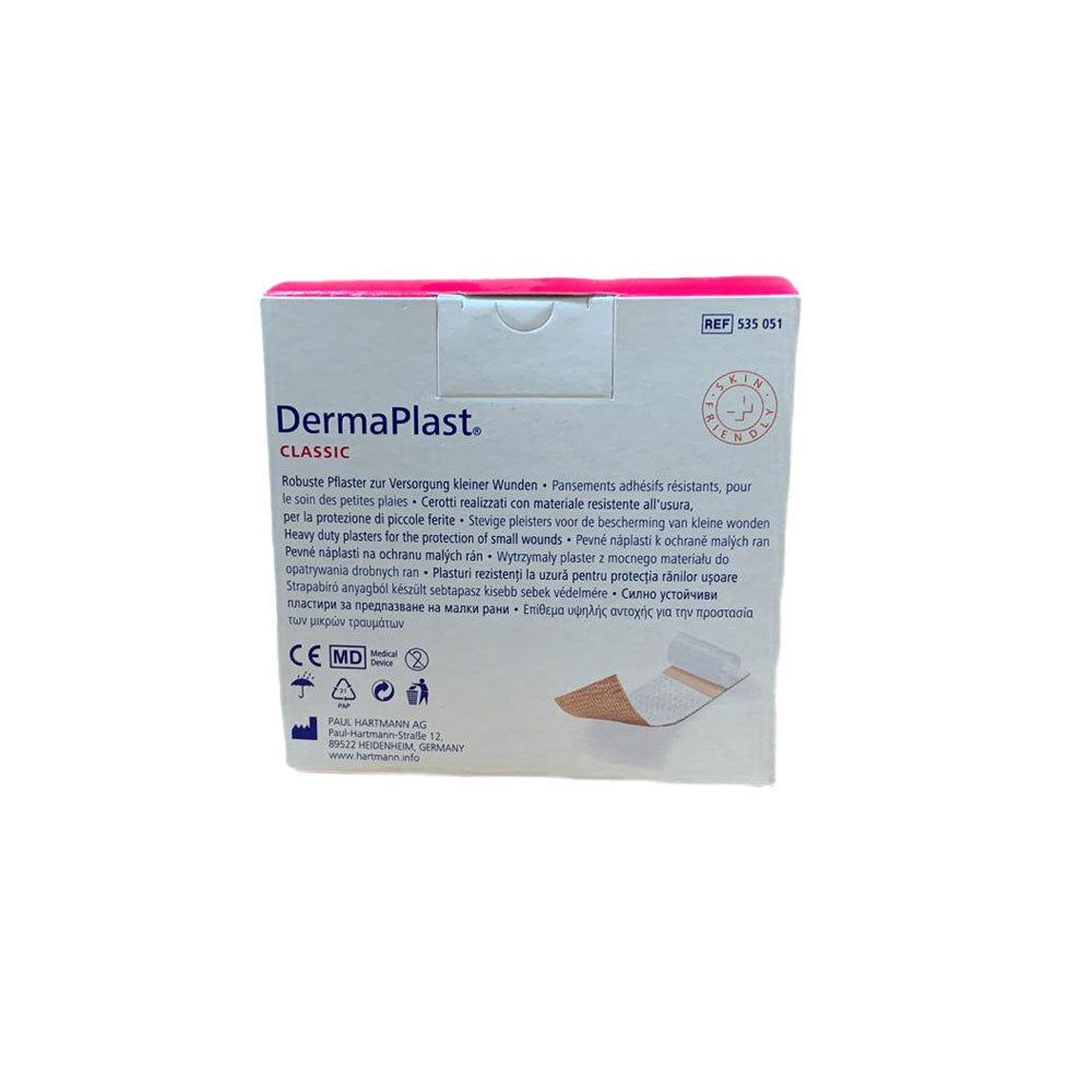 Wundpflaster-Packung „DermaPlast Classic“ mit Text und Pflasterabbildung