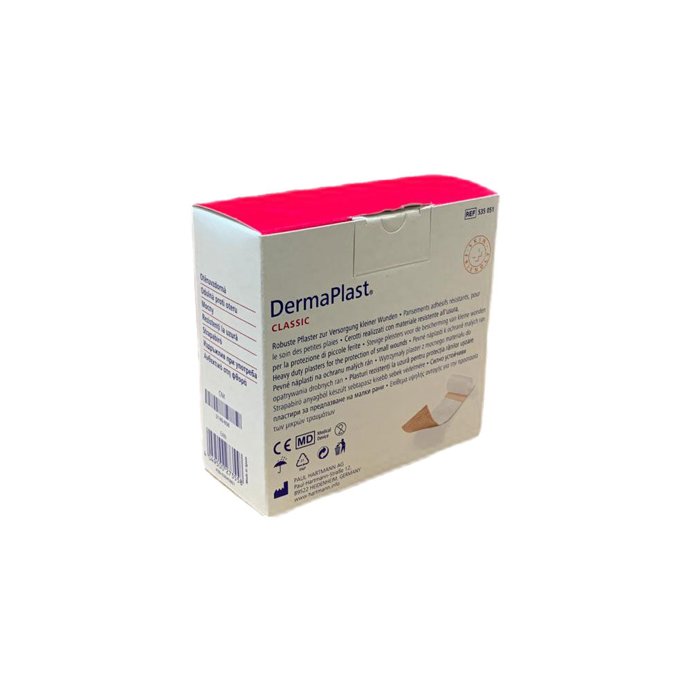 Wundpflaster-Packung „DermaPlast“ mit seitlicher Rückansicht