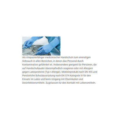 Nitril-Einmalhandschuhe puderfrei, blaue Packung mit Gebrauchshinweis