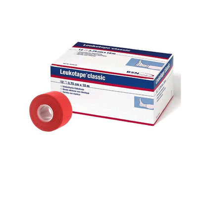 BSN Leukotape classic Tapeverband-Rolle, rot, neben Verpackungskarton