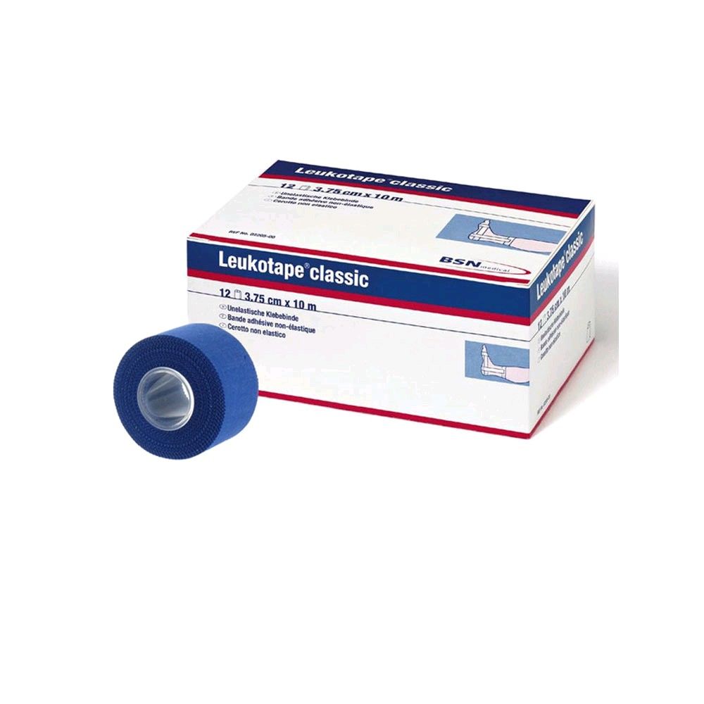 BSN Leukotape classic Tapeverband-Rolle, blau, neben Verpackungskarton