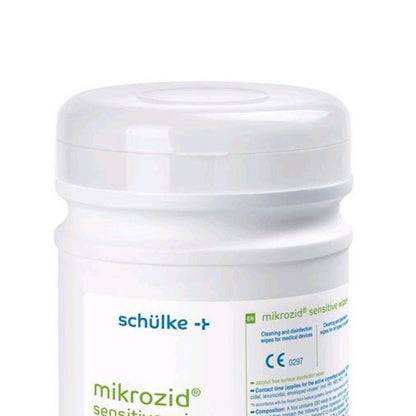 Spenderdose für Mikrozid Sensitive Desinfektionstücher mit Deckel, Etikett im Fokus