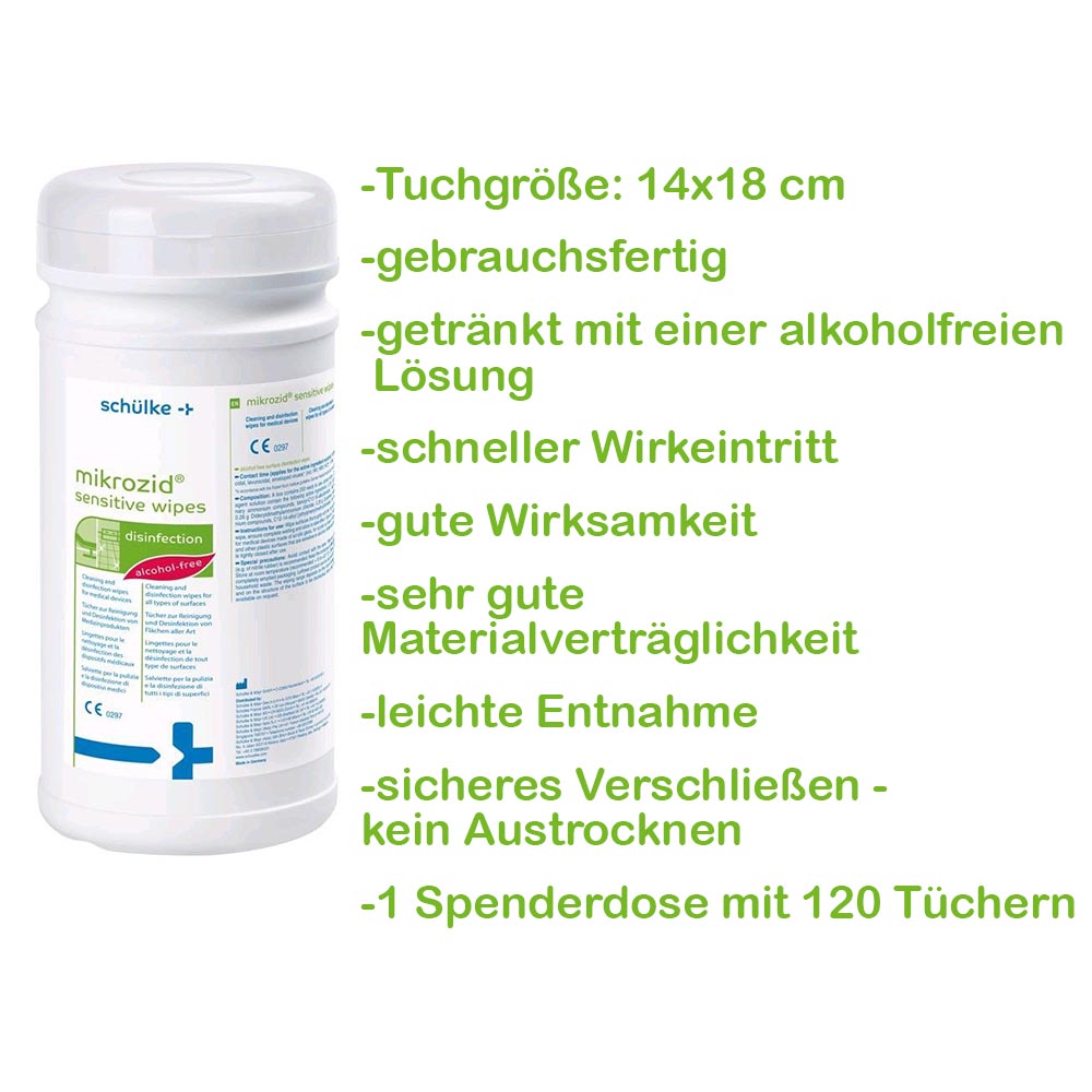 Spenderdose mit Eigenschaften-Text: Tuchgröße 14x18 cm, gebrauchsfertig, 120 Tücher