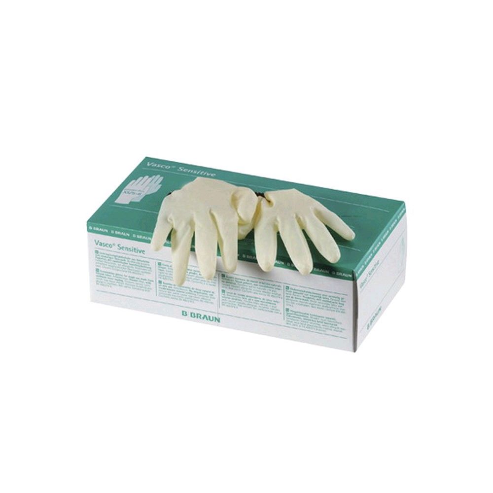 Naturlatex-Einweghandschuhe (puderfrei) in Packung, beige Handschuhe sichtbar auf Karton