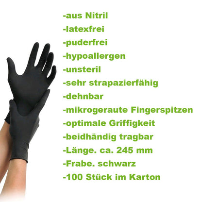 Schwarze Nitrilhandschuhe: latexfrei, puderfrei, dehnbar, mikrogeraute Fingerspitzen
